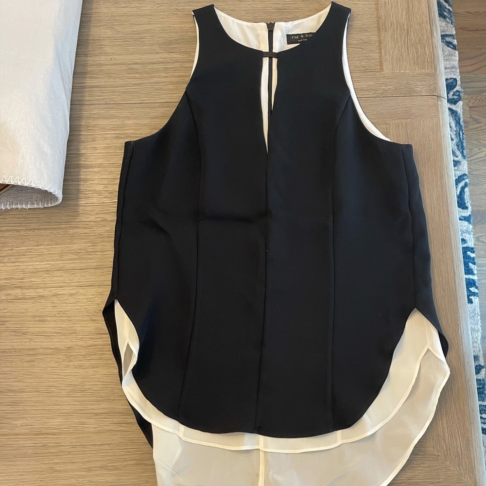 Rag & Bone Black Silk Keyhole Leather Trim Tank Top Size Small